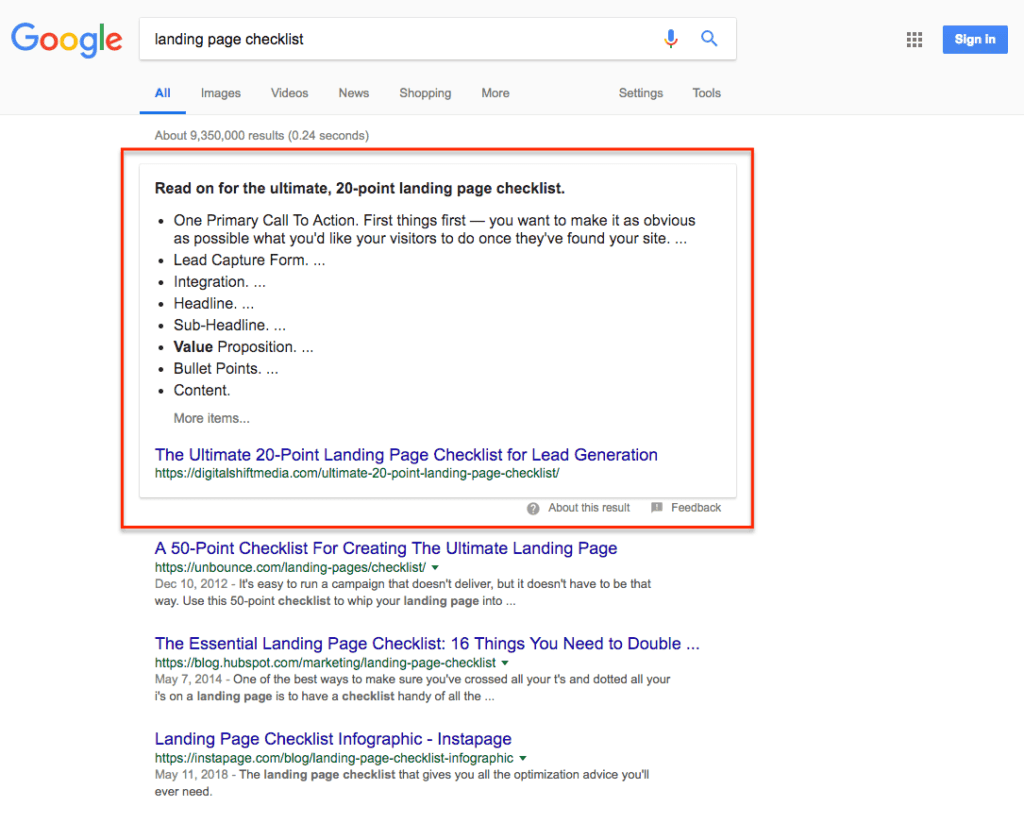 Screenshot of a google search results page with a search for a landing page checklist, featuring Featured Snippets in Search Results Strategy and a search box at the top.