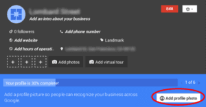 A screenshot highlighting the "add profile photo" option in a user interface, indicating an incomplete setup of Google My Business profile.
