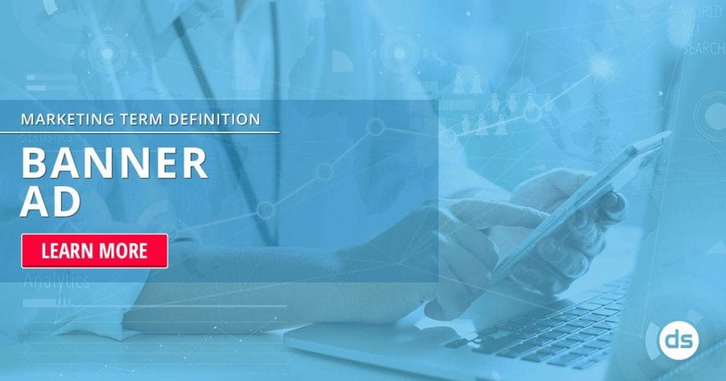 Online marketing concept with a focus on banner ad, featuring a person using a laptop and a "learn more" button.