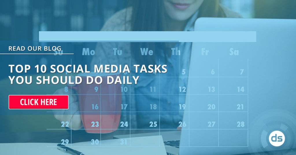 Woman working on a computer with an overlay promoting a blog about daily social media tasks.