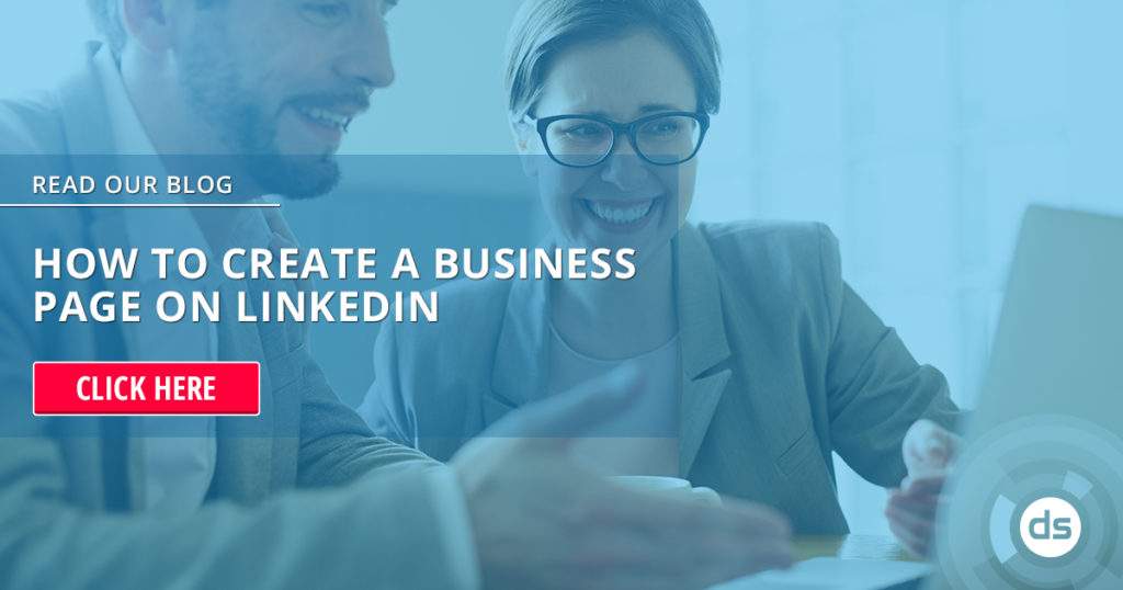 Two professionals smiling while looking at a laptop with a call-to-action prompt inviting readers to learn how to create a business page on LinkedIn.