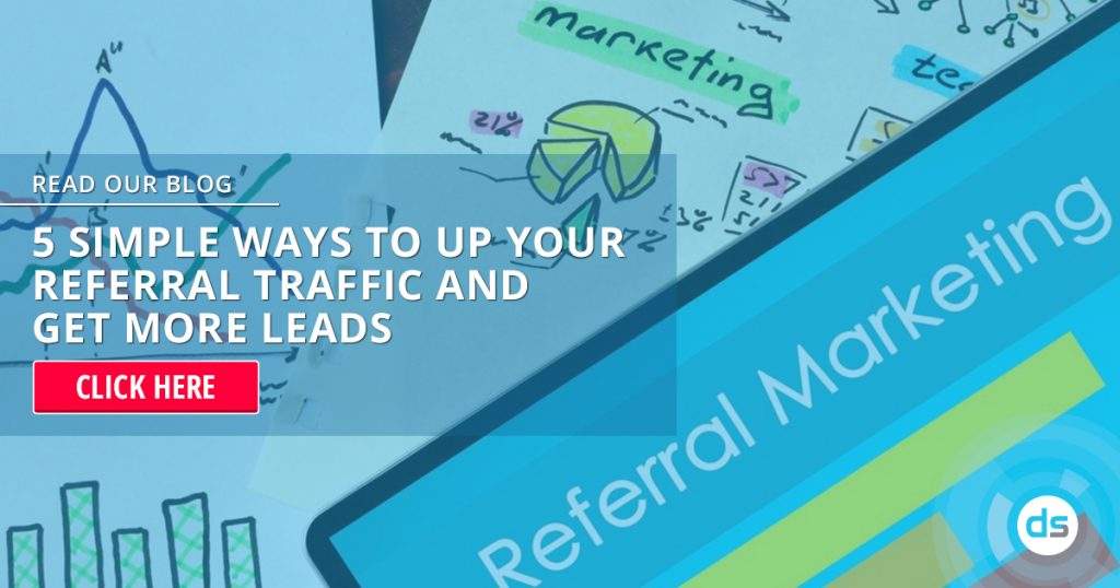 Online marketing blog promotional banner with a call-to-action to read about increasing referral traffic and generating more leads.