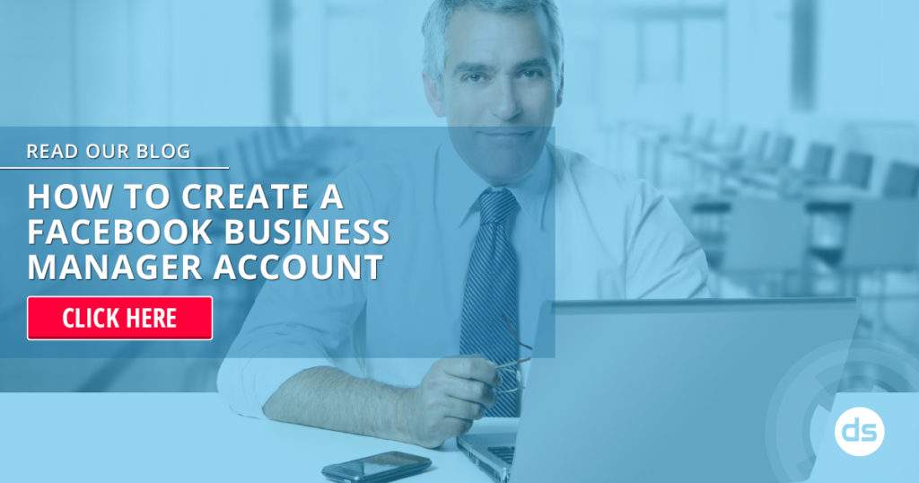 Businessman at a laptop with promotional text about "How To Create A Facebook Business Manager Account".