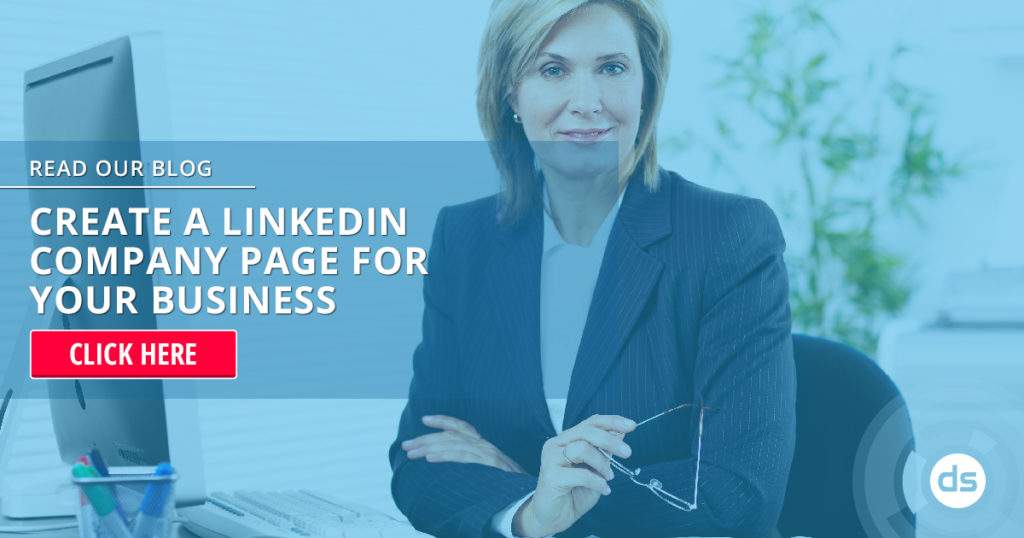 Professional woman in office with a call-to-action for creating a LinkedIn Company Page.
