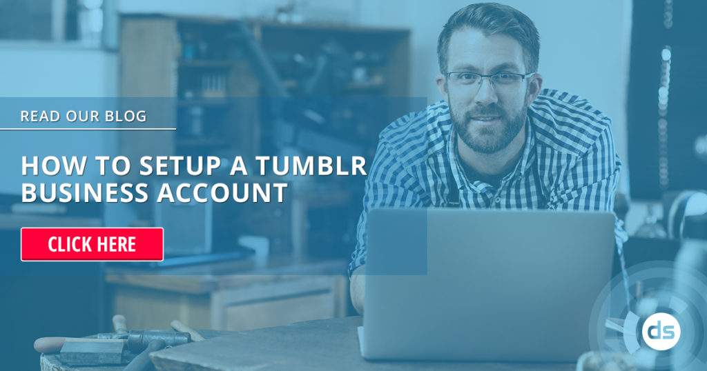 Man in glasses sitting in front of a laptop with a promotional banner for setting up a Tumblr Business Account.
