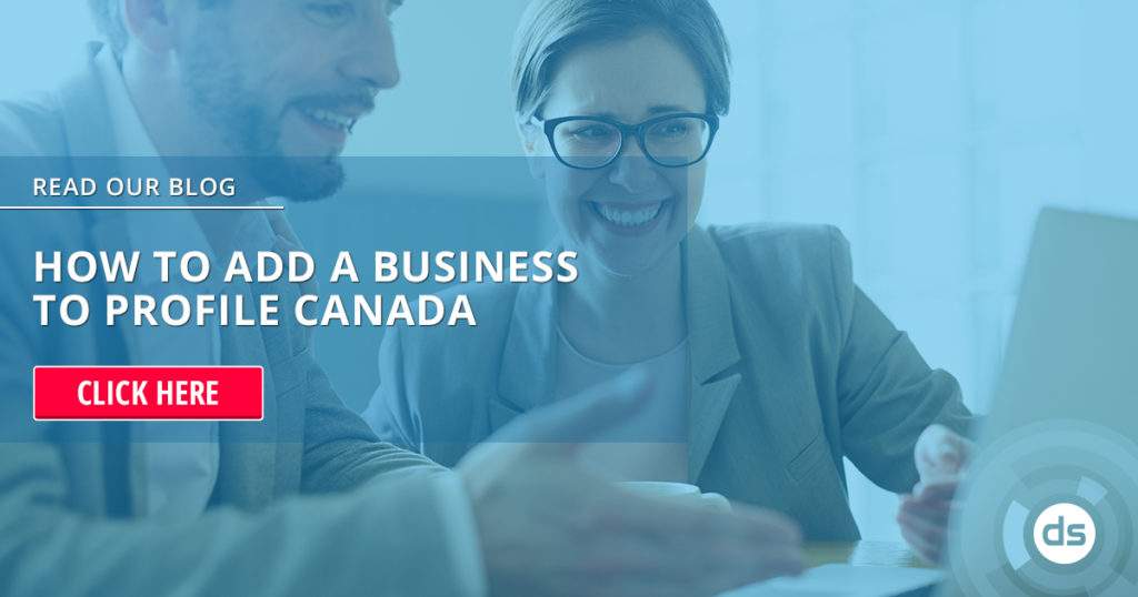 Two professionals discussing a document with a call-to-action for a blog post about adding a business to Profile Canada.