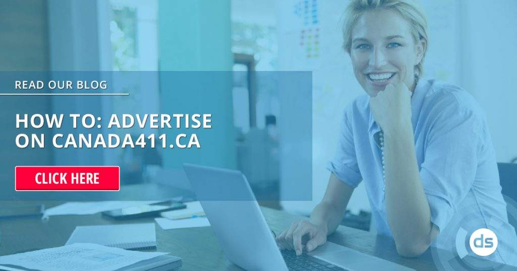 Smiling woman using a laptop with an overlay text about advertising on Canada411.