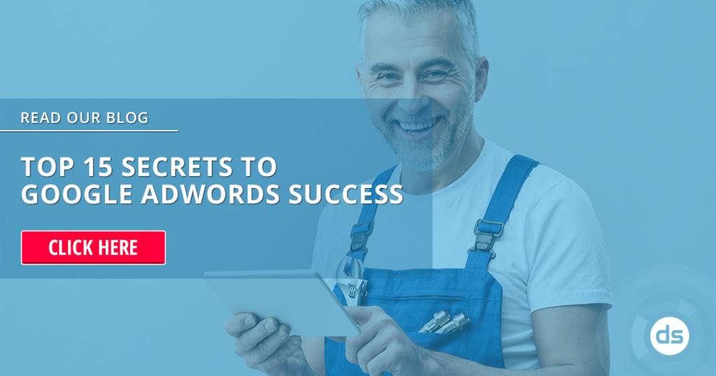 A smiling man with gray hair, wearing overalls, holding a tablet next to promotional text about a blog for Google AdWords Success tips.
