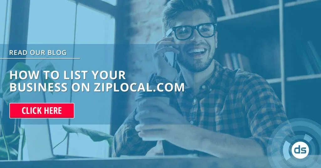 Smiling man talking on the phone with a "List your business on Ziplocal" promotional overlay encouraging business listing on ziplocal.com.
