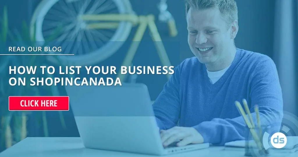 Man working on a laptop with a "List Your Business on ShopInCanada" promotion banner in the foreground.