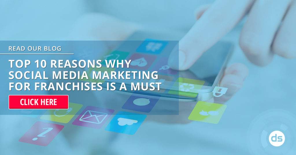 Person interacting with virtual social media icons with a call-to-action for a blog post on "Social Media Marketing for Franchises.