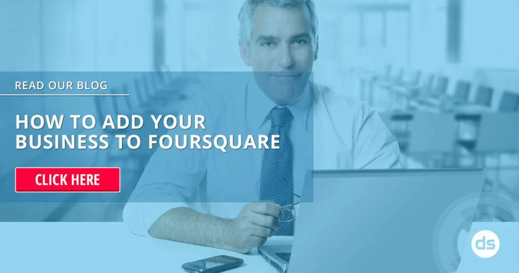 Businessman at laptop with an online tutorial promotion: "How to Add Your Business to Foursquare.