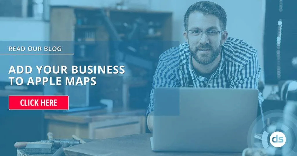 Man at a laptop with an overlay encouraging businesses to "Add Your Business to Apple Maps.