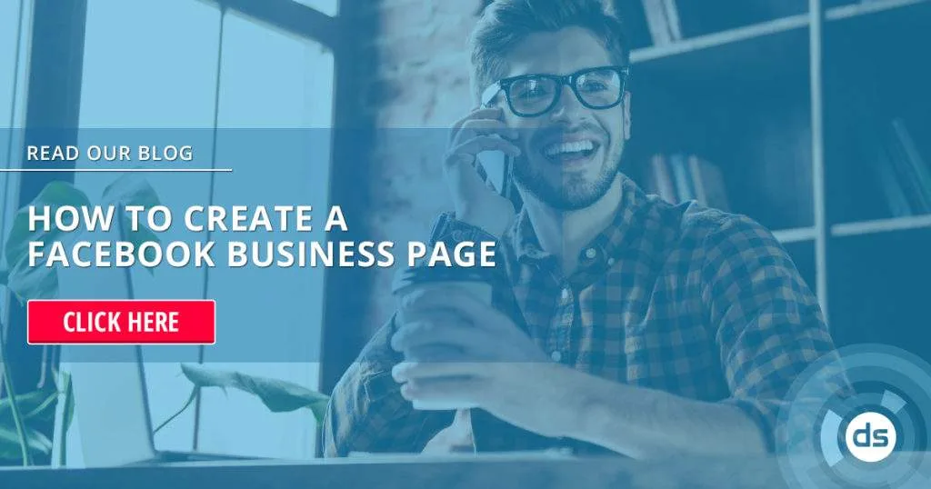 Smiling man talking on the phone with a blog promotion about creating a Facebook Business Page in the background.