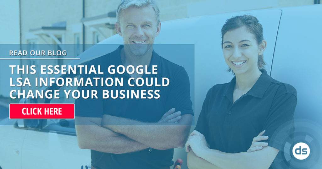 Professionals standing by a van with a prompt to read a blog about impactful Google Local Services Ads information for businesses.