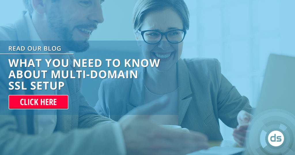 Two professionals working on a laptop with a promotional overlay about Multi-Domain SSL setup.