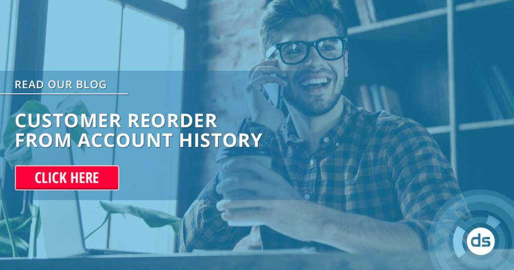 Smiling man on a phone call with a call-to-action button encouraging to read a blog about customer reorder from account history.