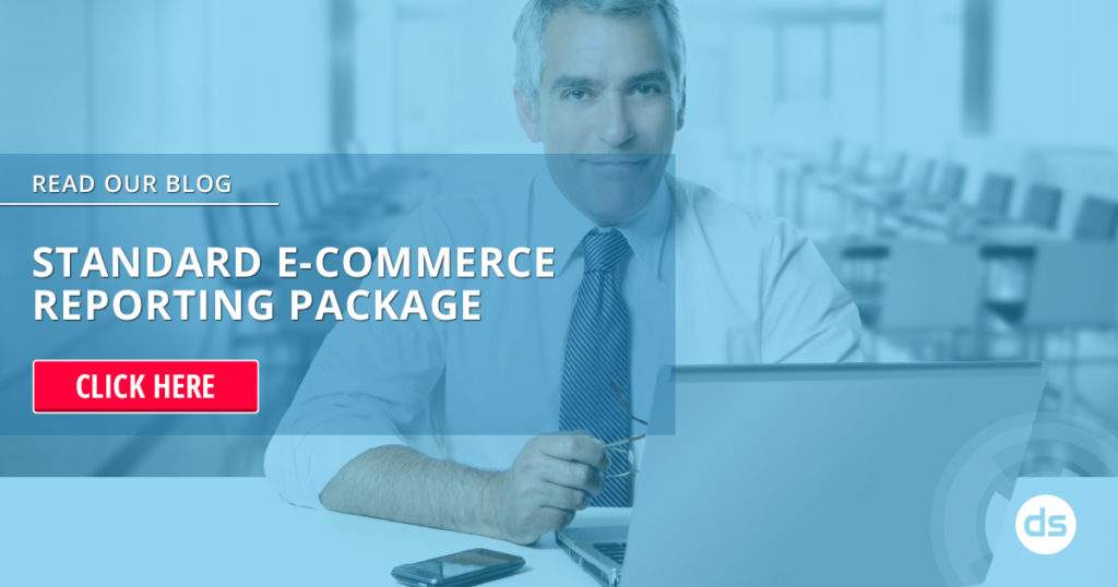 Business professional working on a laptop with a promotional banner for an E-Commerce Reporting package.