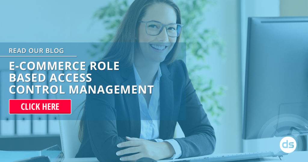 Smiling businesswoman at a computer with an overlay inviting readers to click for a blog about E-Commerce Role-Based Access Control management.