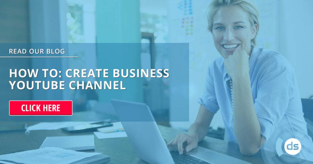 Woman smiling at the camera with a laptop in front of her, alongside a promotional overlay about creating a business YouTube channel.