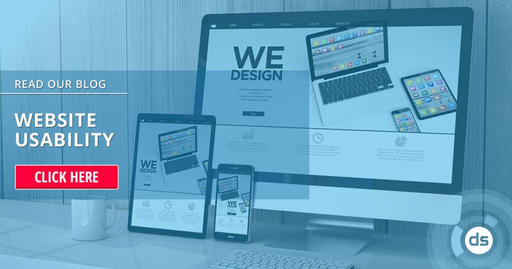 A website design banner displaying various devices with a call-to-action button stating "click here" for a blog about website usability.