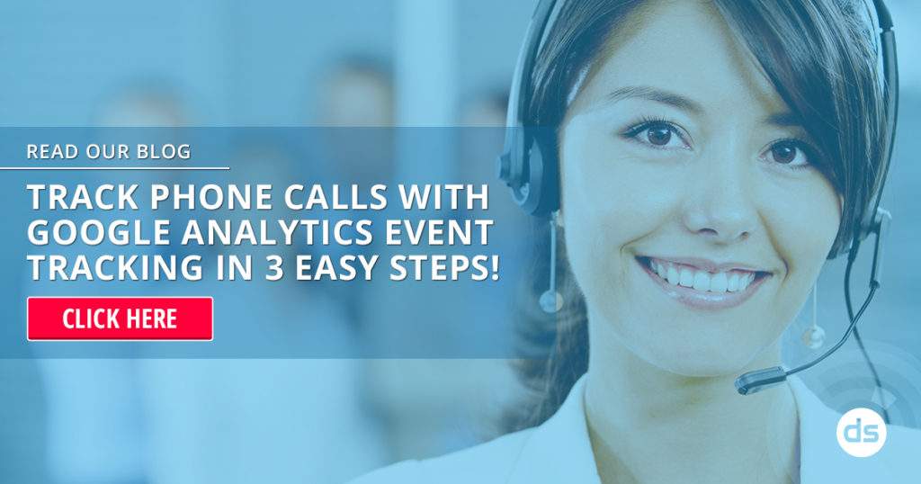 A customer service representative wearing a headset with a call-to-action encouraging readers to learn about Google Analytics Event Tracking for phone calls.