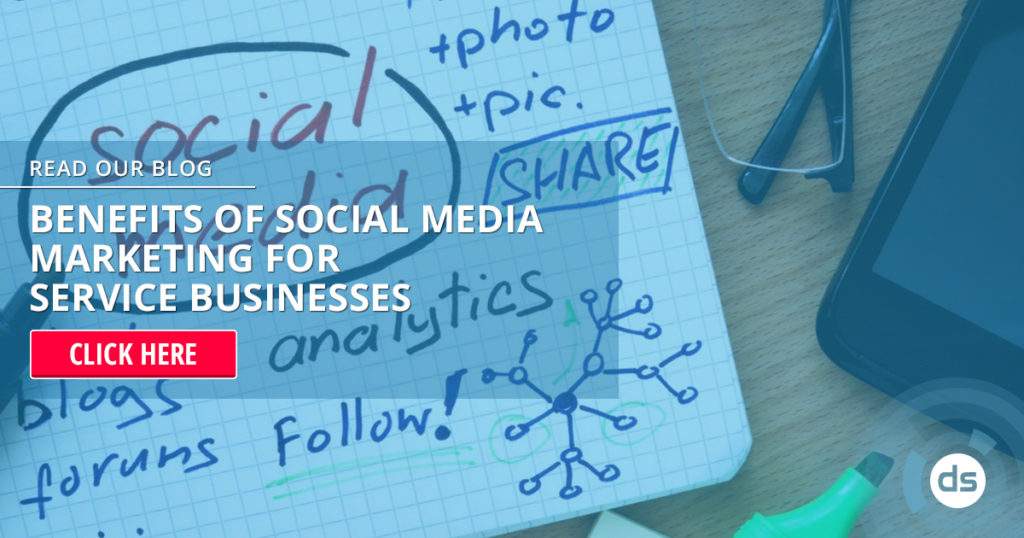 A digital marketing concept image featuring a call-to-action for learning about the benefits of social media marketing for service businesses.