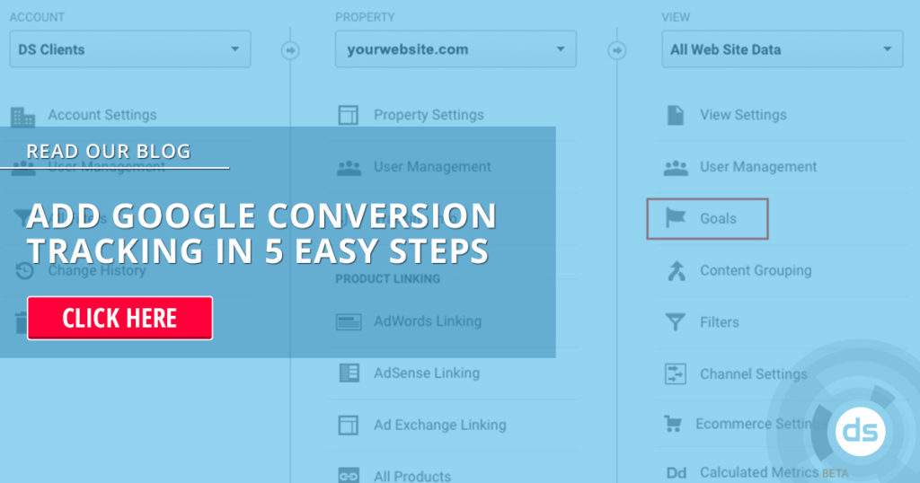A screenshot of a web analytics dashboard with an overlay highlighting a tutorial titled "add Google conversion tracking in 5 easy steps".