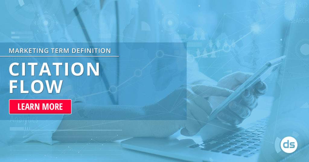Digital marketing concept: person using laptop with overlay graphics and text related to citation flow.