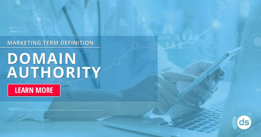An informational graphic about domain authority featuring a person using a laptop and smartphone, with a call to action to explore domain authority further.