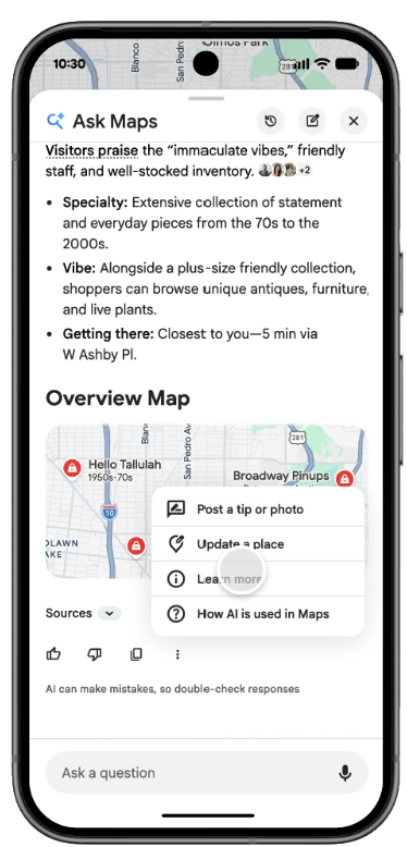 sk Maps answer in Google Maps showing an AI summary, an overview map, and a menu with Post a tip or photo and Update a place