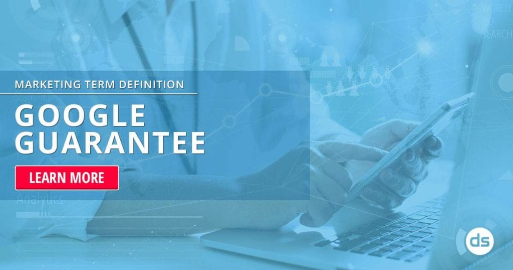 Digital marketing concept highlighting the "google guarantee" service, featuring a person utilizing a smartphone and laptop.