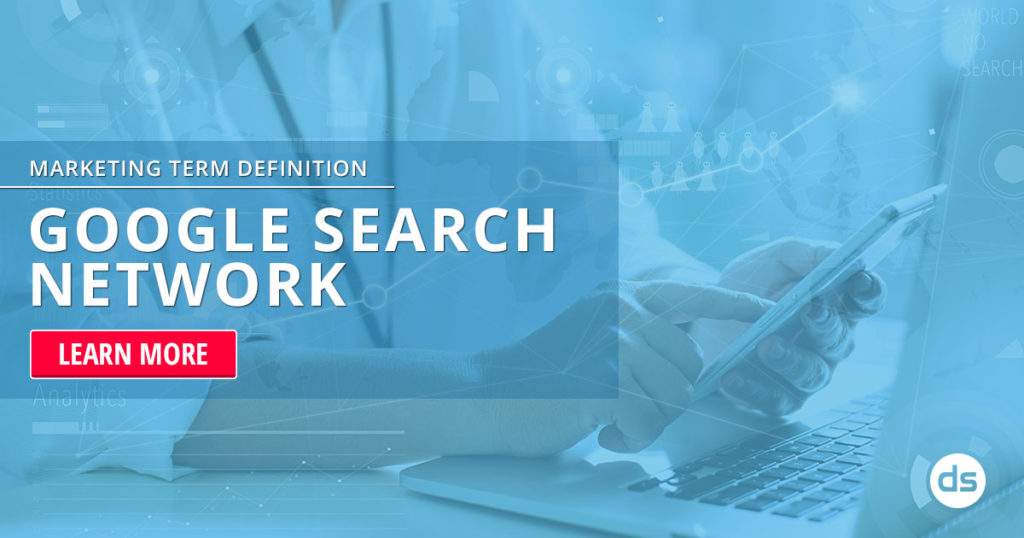 A promotional graphic for understanding the Google Search Network featuring a person using a laptop with marketing analytics overlay graphics.