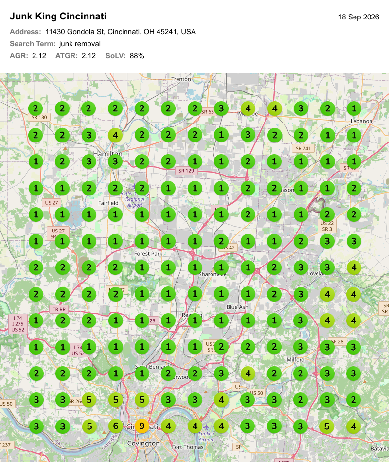 junk king cincinnati full google maps heat map showing top three rankings across the cincinnati metro