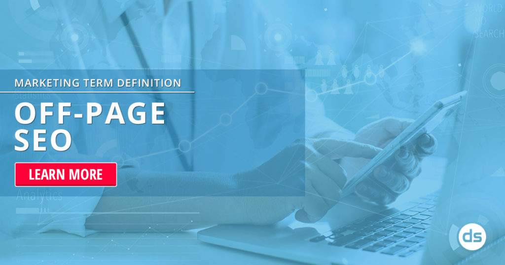 A person using a laptop with graphics symbolizing digital marketing concepts and a call to action for learning more about Off Page SEO.