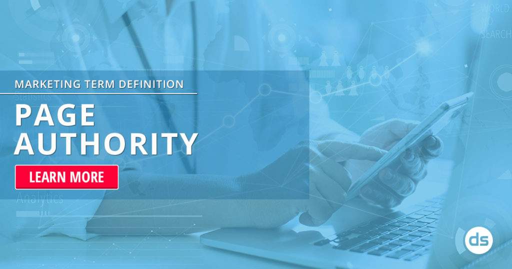 An informational graphic about "page authority" with a call-to-action button that says "learn more".