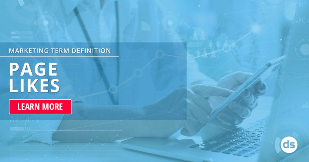 A person interacting with a tablet in front of a laptop with digital marketing graphics and a call-to-action button for learning more about "Page Likes".