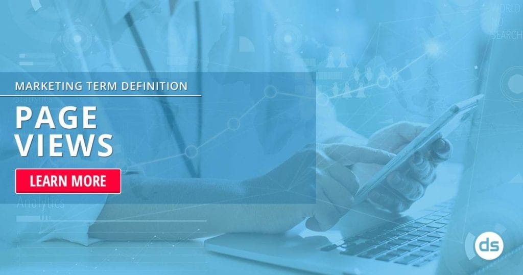 Digital marketing concept: a person using a laptop with overlay graphics highlighting the term "Page Views" and a call to action button that reads "learn more.