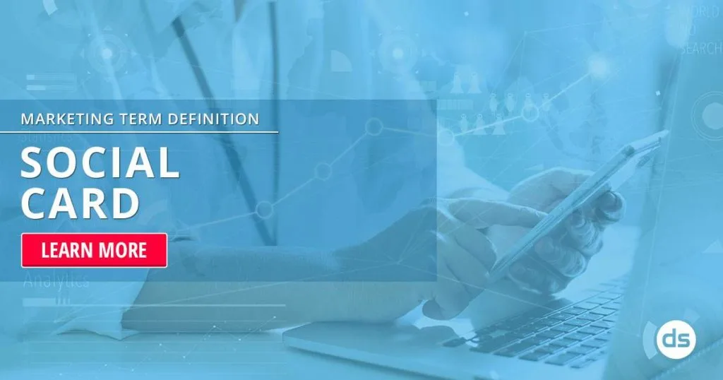 Digital marketing concept with a person using a laptop and graphics symbolizing online metrics, featuring a call to action about "Social Card" marketing term definition.