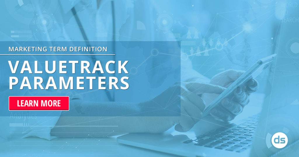 Digital marketing concept: a person working on a laptop with graphics related to analytics in the background, featuring the text "marketing term definition - ValueTrack Parameters - learn more.